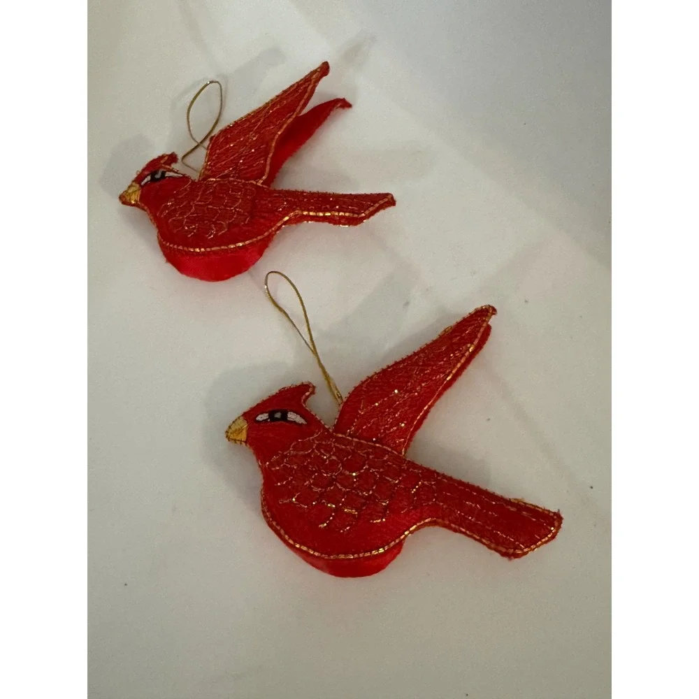 Red Cardinal Bird Christmas Ornaments Set of 2 Gold Embroidered Fabric Padded